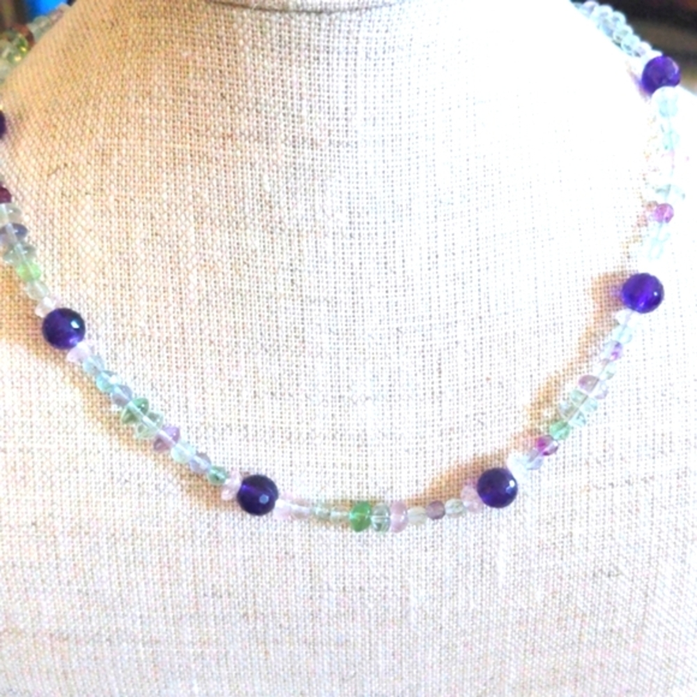 New Fluorite & Amethyst necklace. Faceted multi-color gemstones 18"+ 1" Dainty